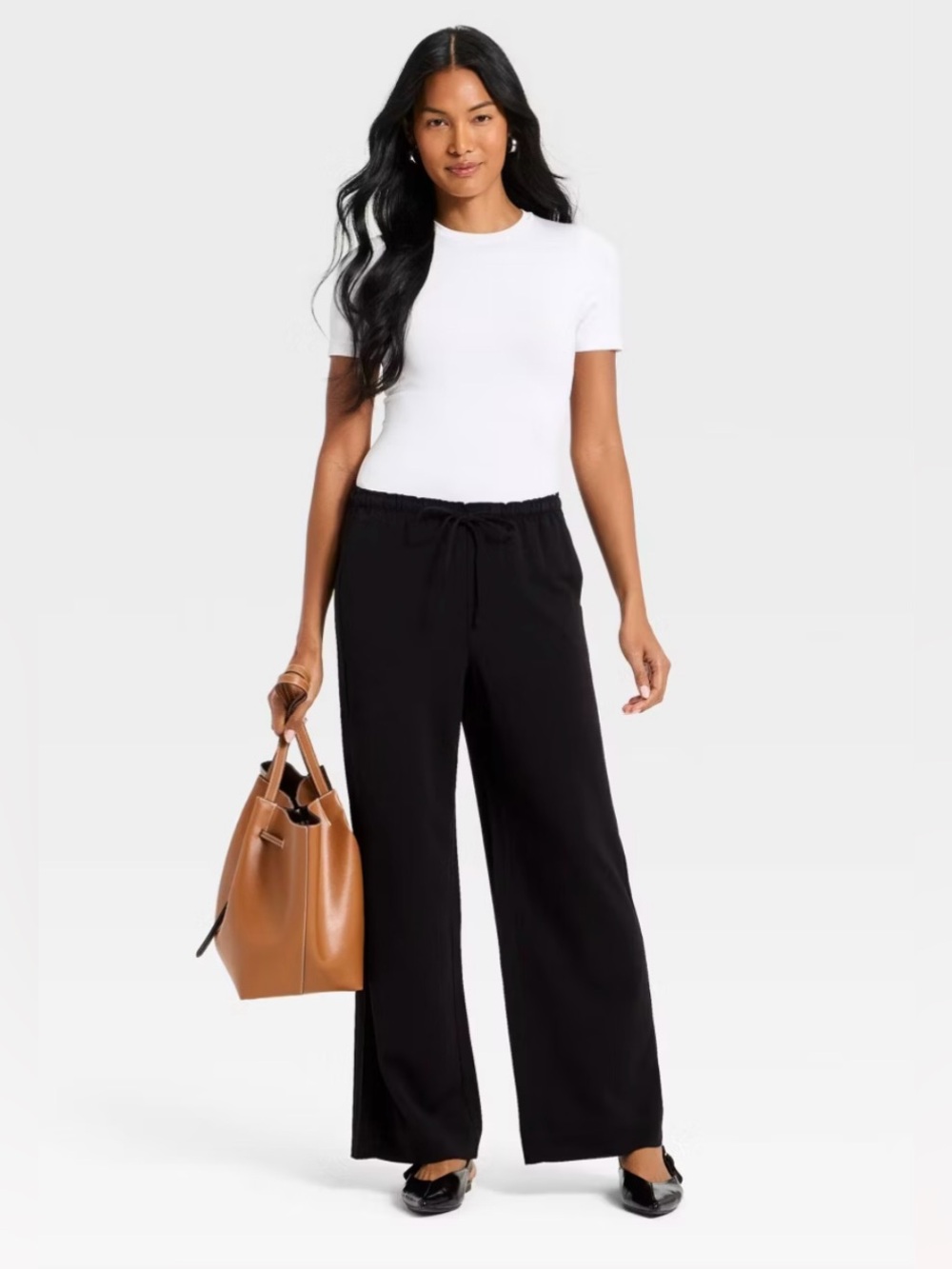 New Wide Leg Black Pull on Pants Front & Back Pockets